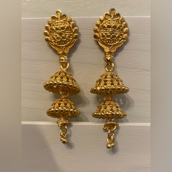 Gold tone triple dangle earrings. Indian design. Worn 1x. 1 3/4 inches long - Picture 1 of 2